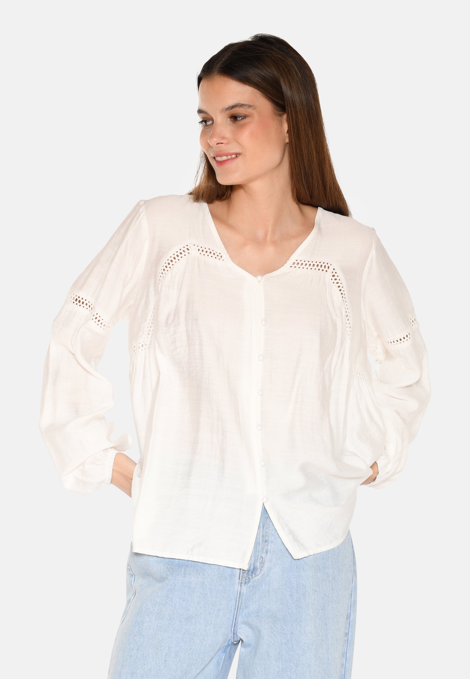 moves Lilyana langærmet broderi bluse 4237 Long Sleeved Blouse 000 White